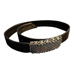 Vintage Black Leather Women’s Belt with Silver and Bronze Metal Buckle